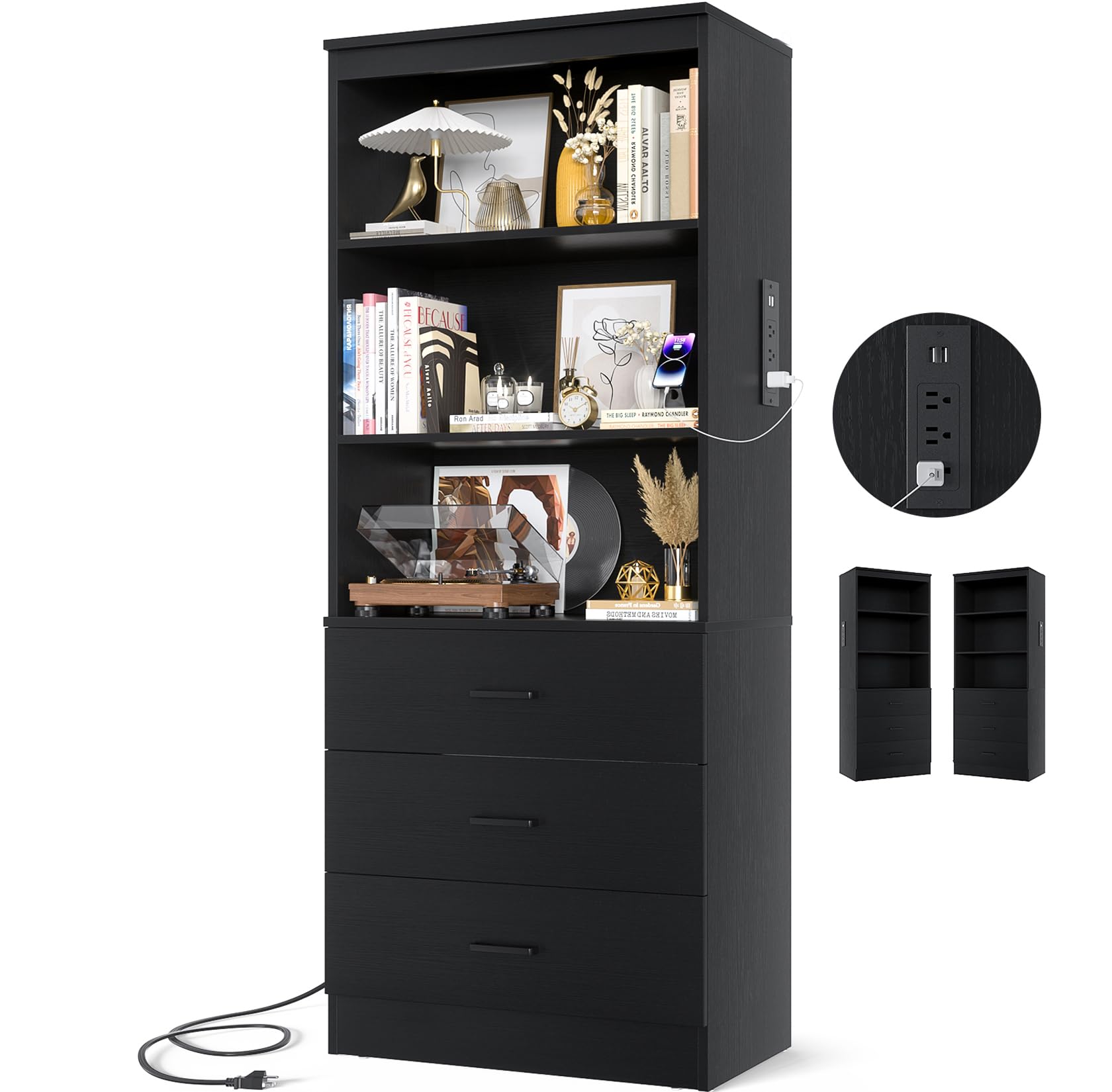 Aheaplus 71 Inch Wooden Bookshelf with USB Ports & Outlets - 6-Tier Tall Bookcase with 3 Drawers & Open Shelves - Storage Cabinet Organizer for Living Room, Home Office, Bedroom - Black - Perfect for Storing Books, Decor & Office Supplies