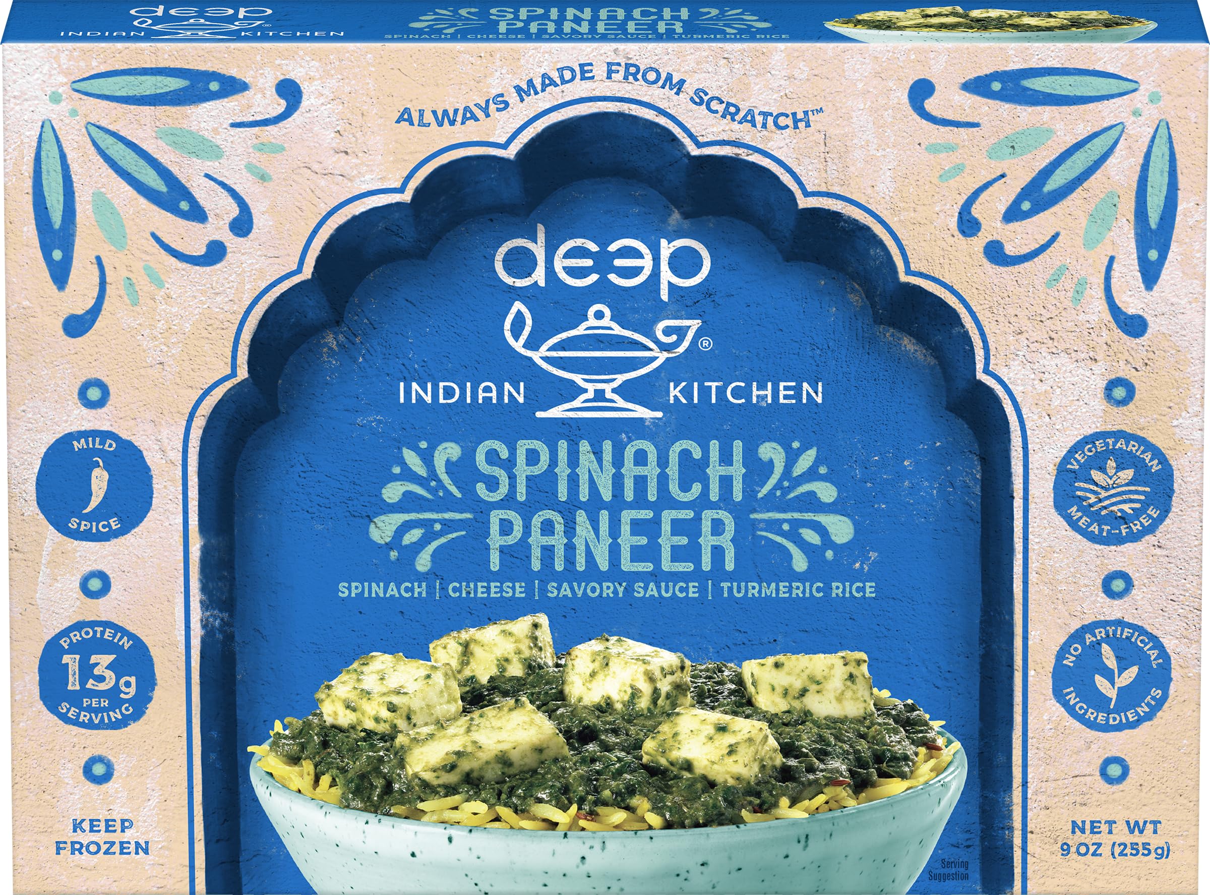 Deep Indian Kitchen Palak Paneer - Authentic Frozen Indian Spinach & Cheese Curry - 10oz Pack - Perfect for Quick Dinners, Meal Prep & Vegetarian Meals
