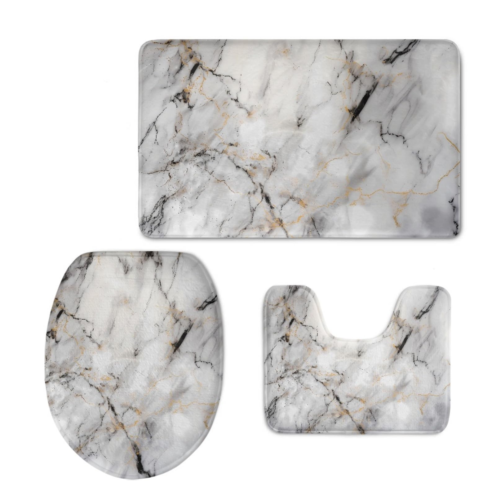 UNICEU Grey White Marble 3-Piece Bathroom Rug Set - Super Soft Microfiber Bath Mat, Non-Slip Toilet Lid Cover & Contour Rug - Machine Washable with Rubber Backing for Bathroom Safety & Comfort - Perfect for Modern, Spa-Style Bathrooms