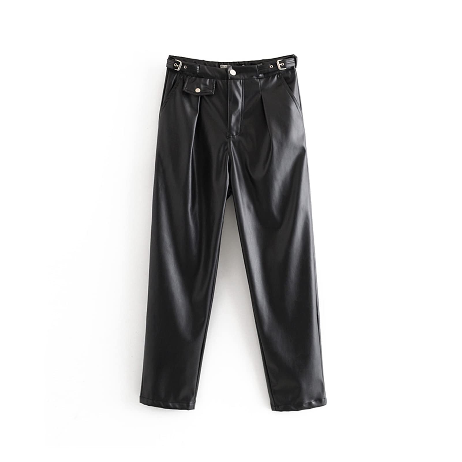 Women's High Waist PU Faux Leather Pants - Black Loose Fit Fake Leather Trousers with Pockets | Streetwear Fashion for Casual Outings & Nightlife