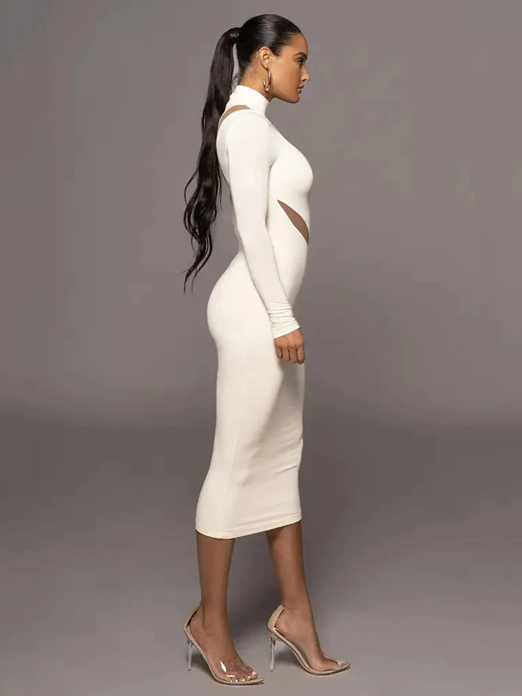 Women's Autumn Winter Long Sleeve Mesh Patchwork Bodycon Midi Dress - Elegant Party Evening Dress for Women | Perfect for Holiday Gatherings, Cocktail Parties & Date Nights
