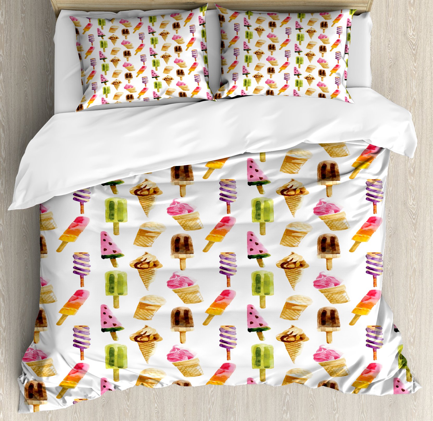 Ambesonne Ice Cream Duvet Cover Set - King Size Watercolor Chocolate & Multicolor 3-Piece Bedding with 2 Pillow Shams | Soft Decorative Comforter Cover for Summer & Sweet Dreams | Perfect for Kids Rooms, Guest Bedrooms & Ice Cream Themed Decor