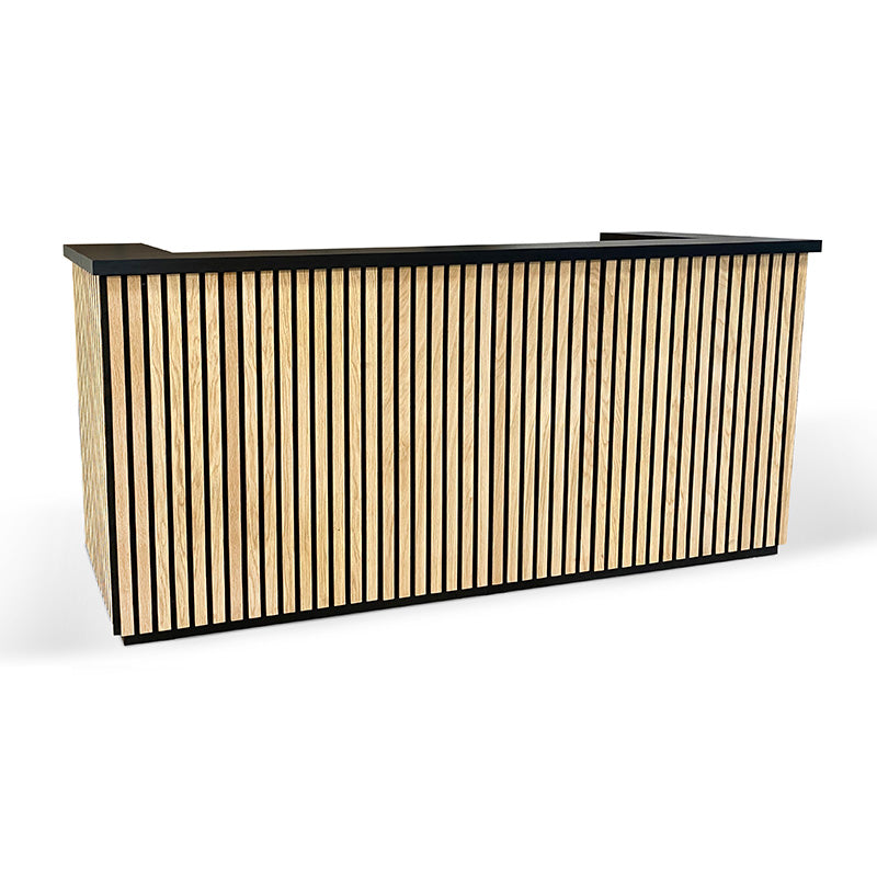 KENTO 240cm Modern Reception Desk with Timber Slat Acoustic Design in Black & Oak Finish - Perfect for Office Lobby, Hotel Front Desk, and Corporate Waiting Areas