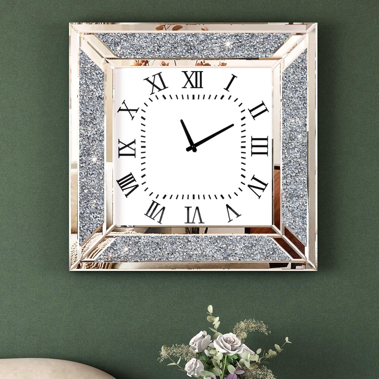 SHYFOY 24 Inch Large Decorative Wall Clock - Modern Mirrored Glass Surface with Crushed Diamond Frame for Living Room, Bedroom & Office Decor | Perfect for Home, Office & Gift Giving