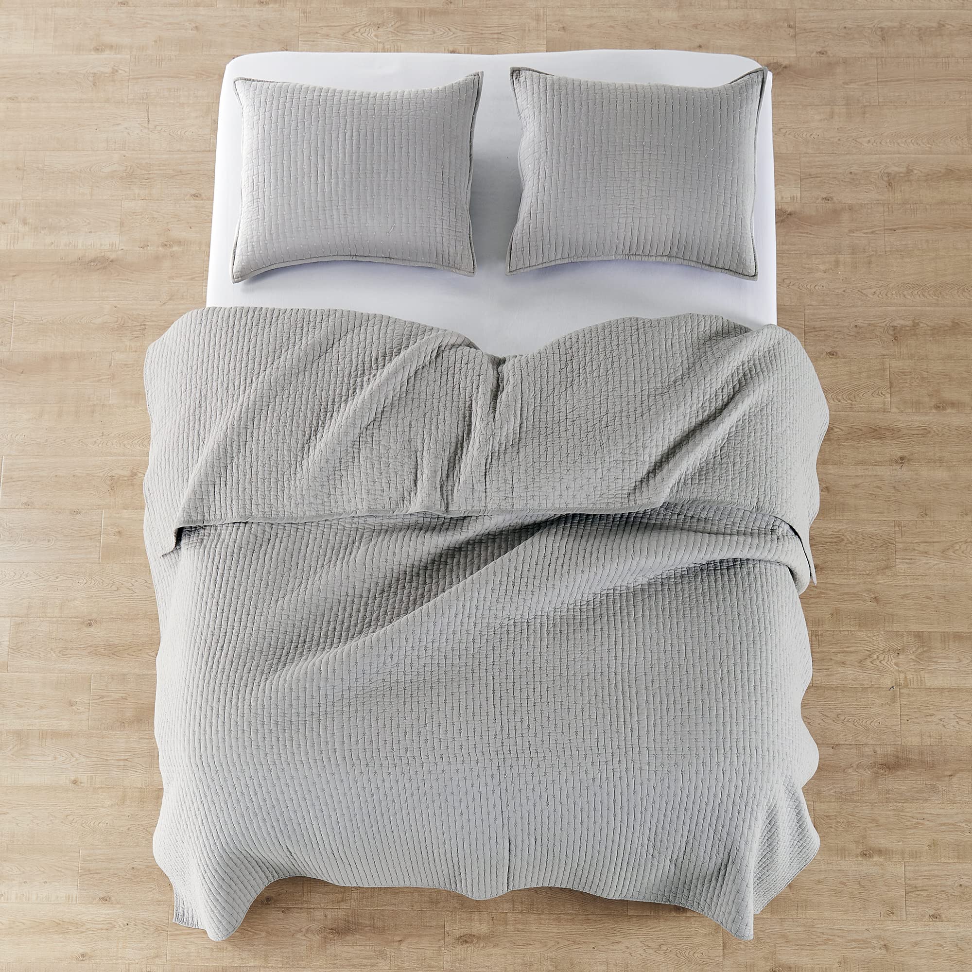 Levtex Home - 100% Cotton Reversible Cross Stitch Light Grey Quilt Set - Full/Queen Size (88x92in) with 2 Standard Shams (26x20in) - Soft Bedding for Cozy Bedroom Decor & Guest Room Essentials