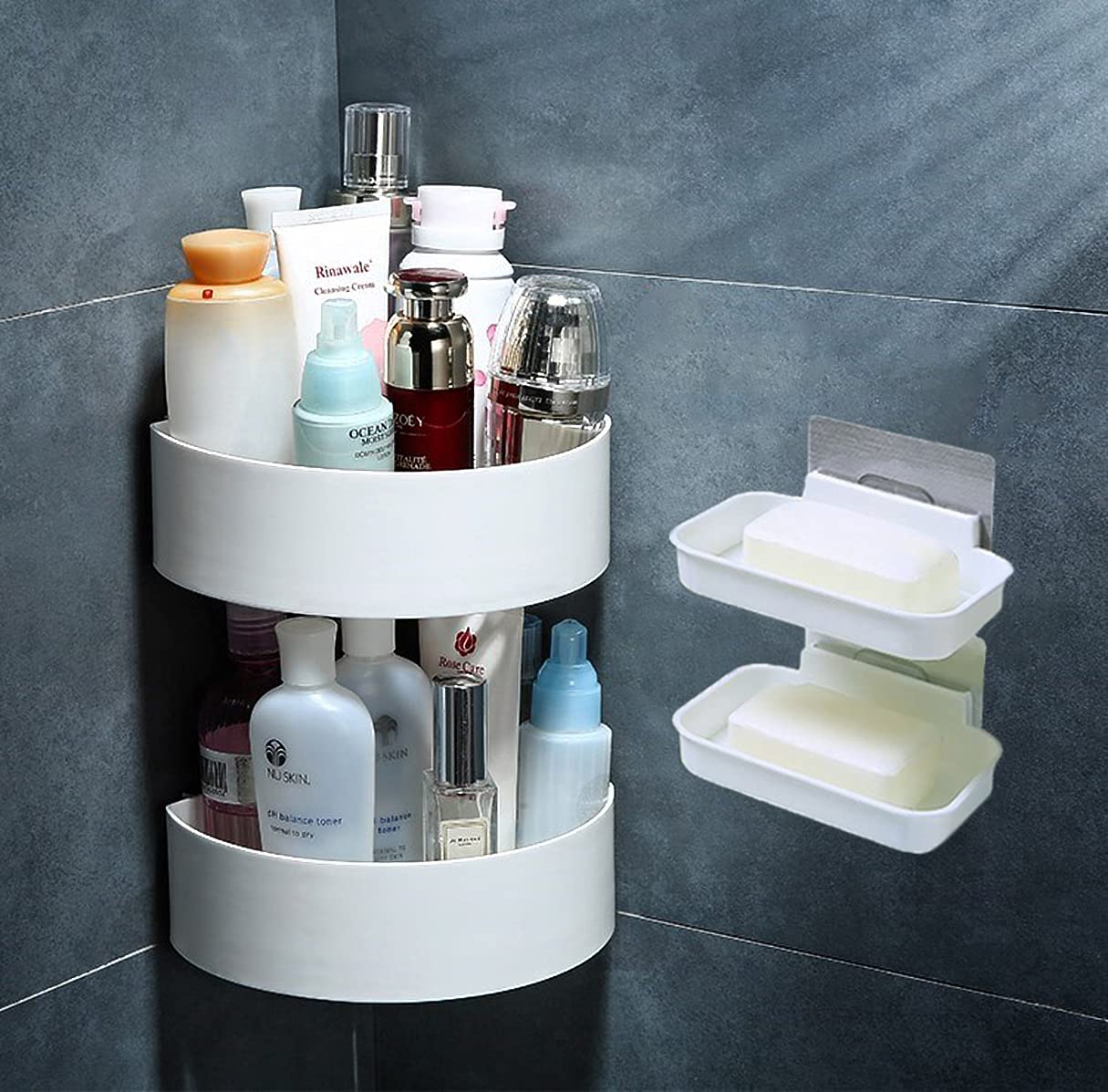 Wolpin Plastic Wall Shelves (2-Pack with 2 Soap Cases) - Round Corner Self-Adhesive Bathroom & Kitchen Storage Shelf - Multipurpose Wall Holder for Shower, Bathroom Organization - White - Perfect for Small Space Saving & Home Decor