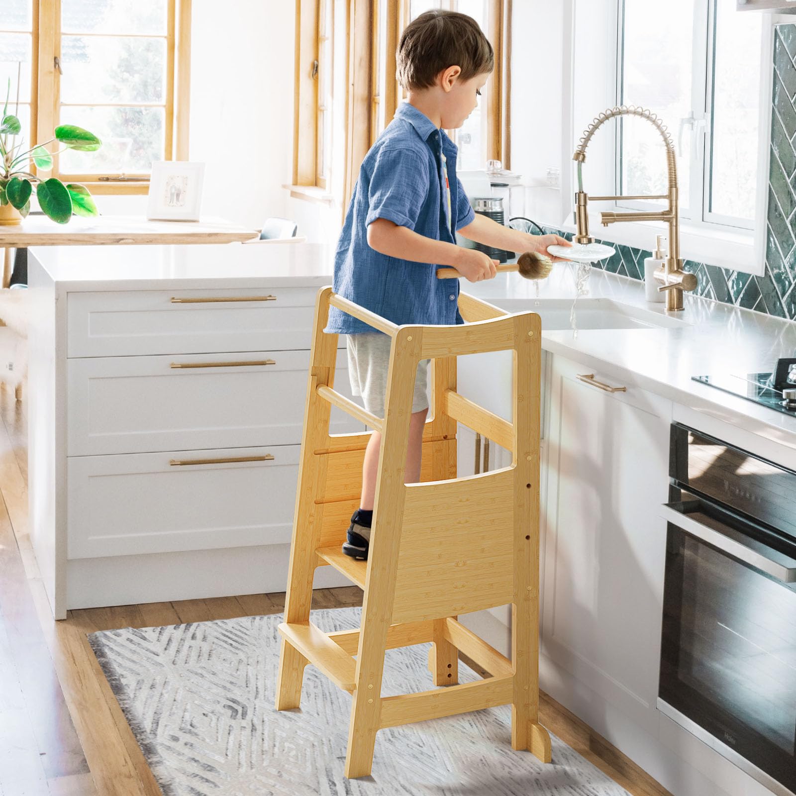 **Adjustable Toddler Step Stool with Safety Rail - 3 Height Levels, Wide Platform Learning Tower for Kids - Perfect for Kitchen, Bathroom & Playroom**