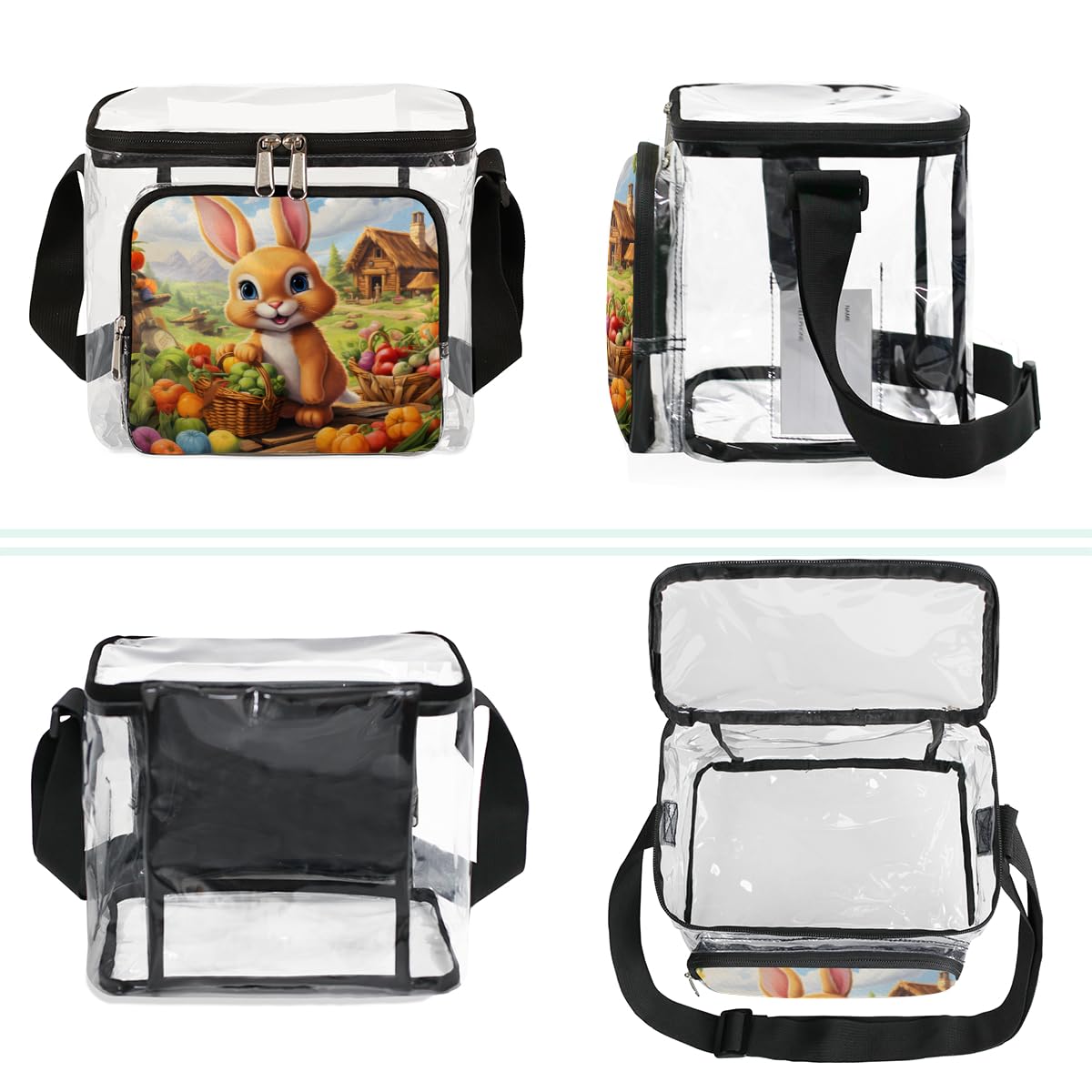 Cartoon Animal Rabbit Clear Tote Bag with Handles - Farmhouse Style Transparent Crossbody Shoulder Bag for Lunch, Outdoor, Travel, Picnic, Concerts & Sports Events - Stadium Approved Multipurpose Carryall (Perfect for Beach Days, Music Festivals & School Essentials)