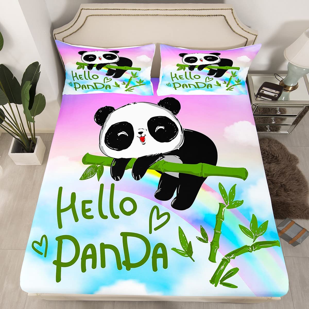 Erosebridal Cute Panda Fitted Sheet Set - Rainbow Galaxy Full Size Bedding, 3 Piece Set (1 Fitted Sheet + 2 Pillowcases) - Soft Colorful Green & Pink Cloud Design - Perfect for Kids Room, Dorm Decor or Cozy Bedroom Makeover