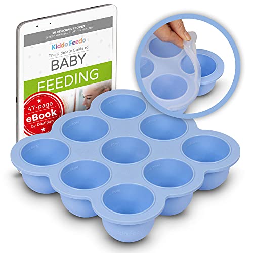 KIDDO FEEDO Baby Food Freezer Tray with Silicone Lid - BPA-Free Ice Cube Tray for Homemade Puree Storage - Includes Free Baby Food Recipe E-Book - Perfect for Meal Prep & Breastmilk Storage (Blue)