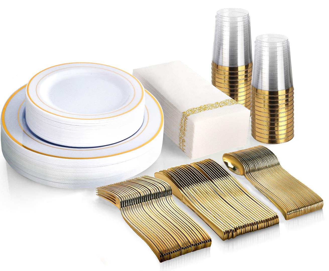 175-Piece Gold Disposable Dinnerware Set - 50 Gold Rim Plastic Plates, 25 Gold Plastic Forks/Knives/Spoons, 25 Gold Plastic Cups & 25 Linen-Like Gold Paper Napkins - Elegant Party Tableware for Weddings, Birthdays & Special Events