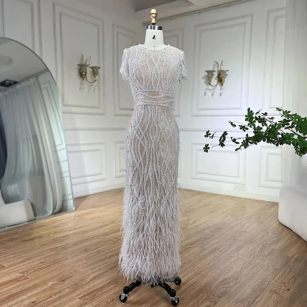 Elegant White Beaded Ankle-Length Evening Dress with Feathers - LA72076A | Perfect for Prom, Gala & Formal Events