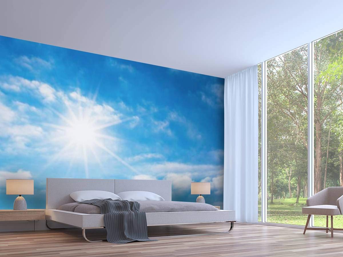 3D Self-Adhesive Wallpaper - Sun with Bright Rays in Blue Sky & White Clouds | Peel & Stick Wall Mural for Bedroom, Living Room, Dorm Decor | Easy to Apply on Walls, Ceiling & Wardrobes | Perfect for Home, Office & Nursery Renovation