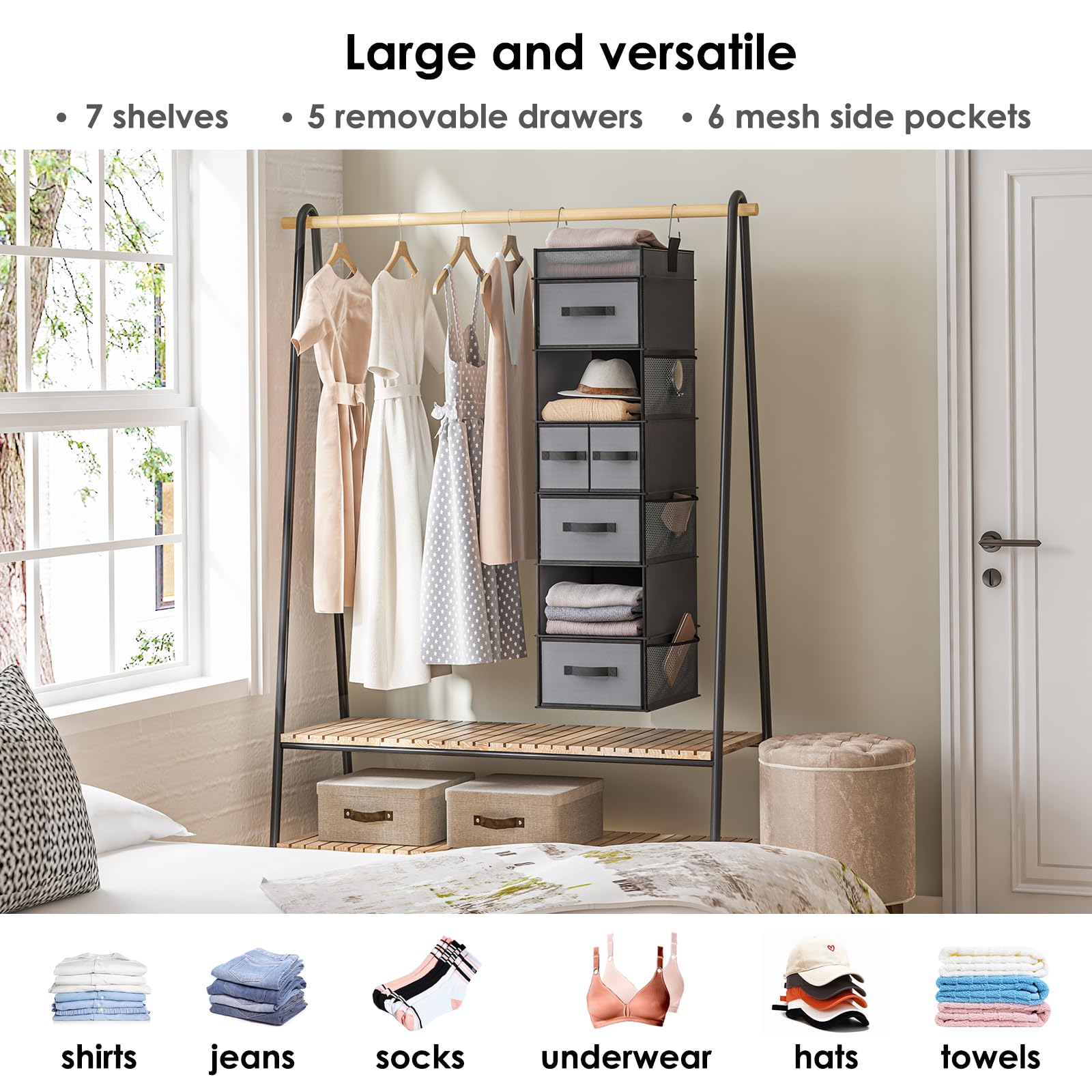 Fixwal 7-Shelf Hanging Closet Organizer with 5 Drawers & 6 Side Pockets - Space Saving Wardrobe Storage for Clothes, Shoes & Accessories - Perfect for Bedroom, Dorm, Apartment Organization (Dark Grey)
