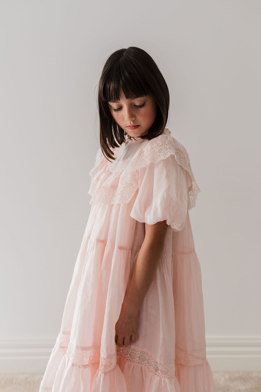 Petite Amalie Elbow Sleeve Poppy Lace Trim Soft Peach Dress - Elegant Floral Summer Dress for Women, Perfect for Weddings, Parties & Special Occasions