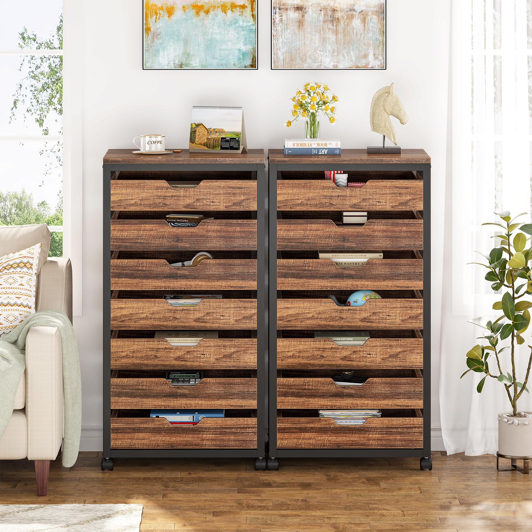 Tribesigns 7-Drawer Wooden File Cabinet with Wheels - Mobile Storage Drawer Unit for Office & Home, Industrial Rolling Printer Stand, Rustic Brown - Perfect for Home Office Organization & Document Storage