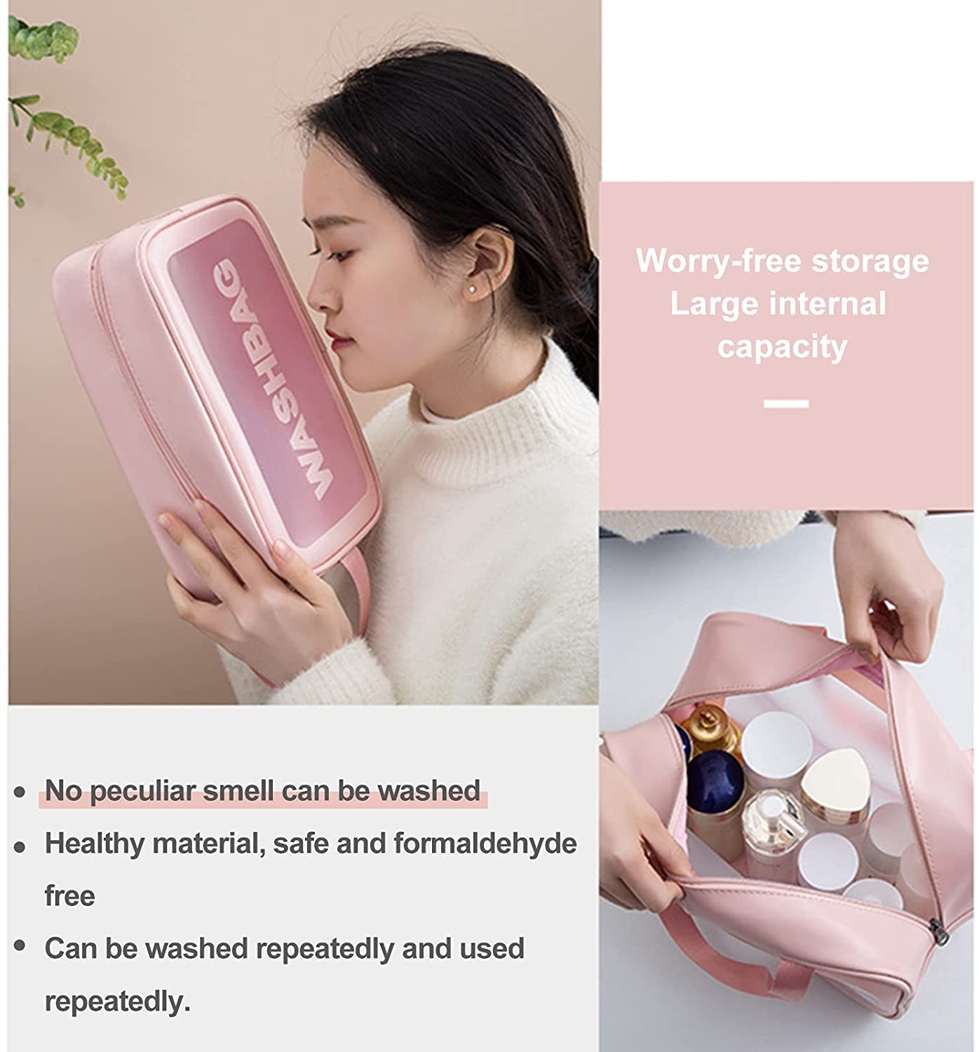 Large Clear Travel Cosmetic Bag - Makeup Pouch for Women & Girls | Pink Toiletry Organizer for Trips