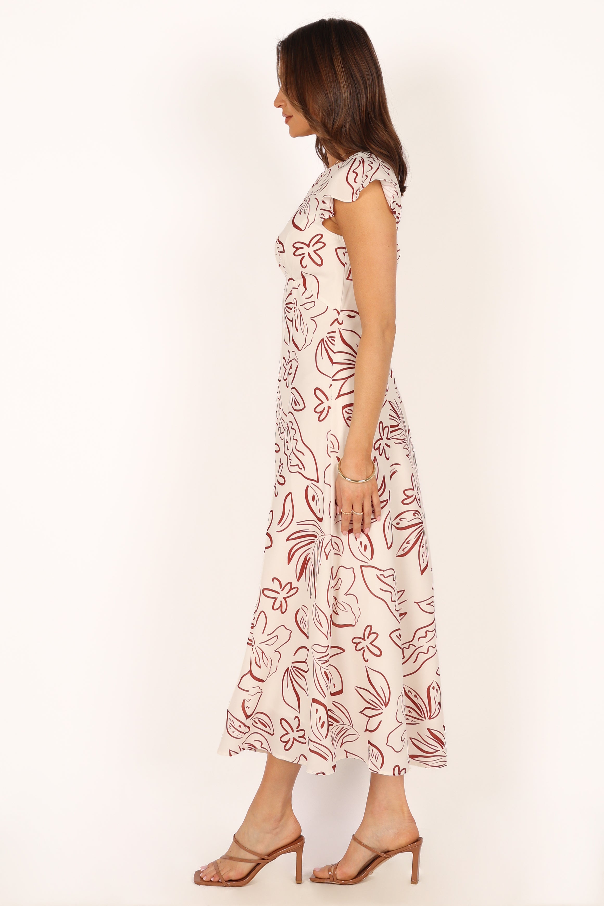 Gene Midi Dress - White & Brown Floral Print Summer Dress for Women | Casual & Party Wear | Perfect for Beach, Brunch, and Date Nights