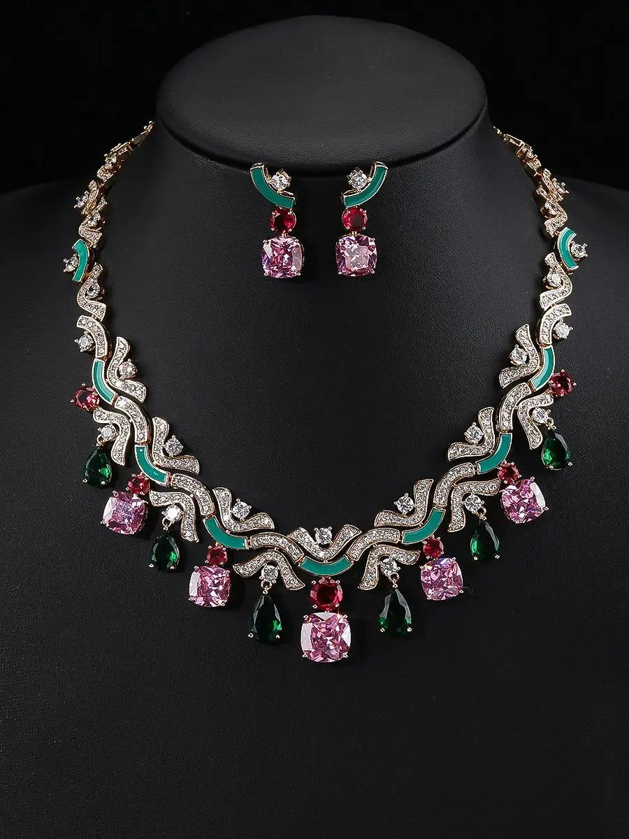 Stunning Multicolored Zirconia Necklace & Earring Set for Women - Perfect Bridal Jewelry & Wedding Gift - Elegant for Parties, Anniversaries & Special Occasions