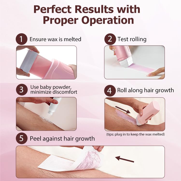 Premium Roll-On Waxing Kit for Hair Removal - Home Wax Kit for Women & Men with 50 Wax Strips & 2 Cartridges (Rose Scent) - Perfect for Legs, Arms, Bikini & Body Waxing at Home