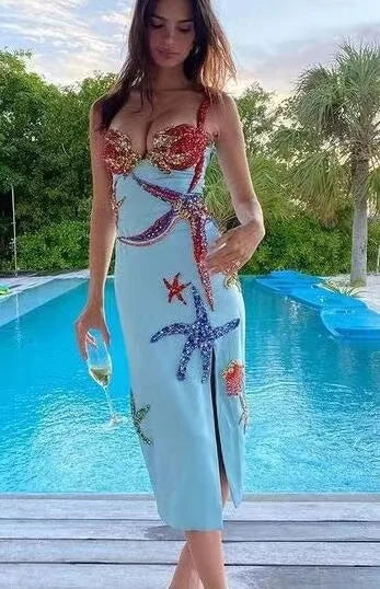 Blue Beaded Sequins Star Slim Sexy Spaghetti Strap Ruffle Dress for Night Club Party, Celebrity Events & Special Occasions - Elegant Designer Vestidos for Women