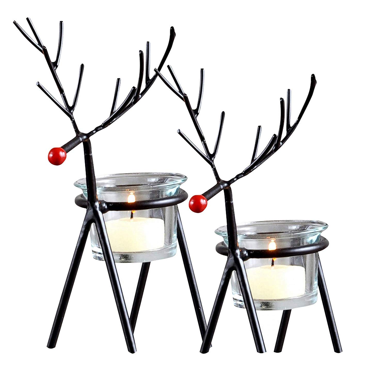 TIED RIBBONS Set of 2 Reindeer Tealight Candle Holders with Glass - Elegant Iron Home Decor for Christmas, Wedding, Party | Indoor & Outdoor Table Decoration | Perfect Holiday Gift Idea