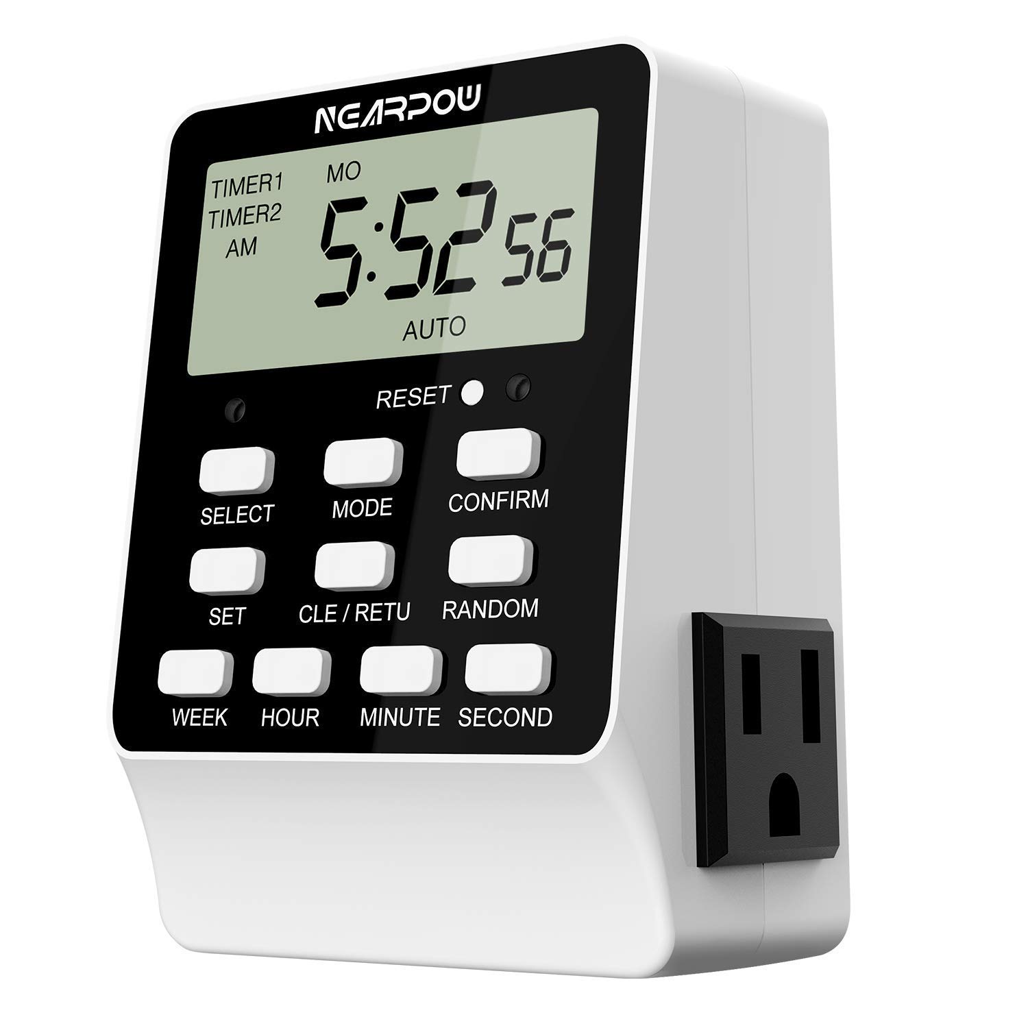 NEARPOW Dual Digital Outlet Timer with 2 Independent Controls - 15A/1800W Heavy Duty Electrical Timer Switch (3 Prong) - 24-Hour & 7-Day Programmable for Indoor Use - Perfect for Holiday Lights, Aquariums, Grow Lights & Home Automation