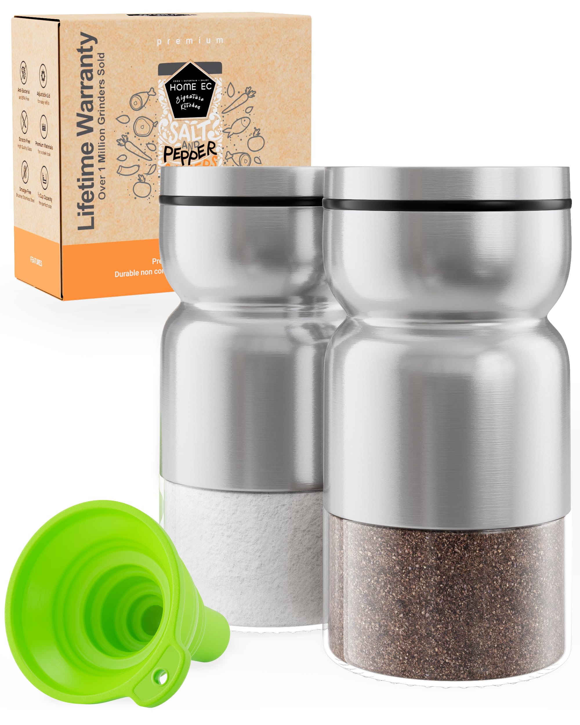 Premium Glass & Stainless Steel Salt and Pepper Shakers Set with Adjustable Pour Holes - Farmhouse Style Spice Dispenser for Salt, Pepper & Seasonings - Perfect for Kitchen, Dining Table & Restaurant Use