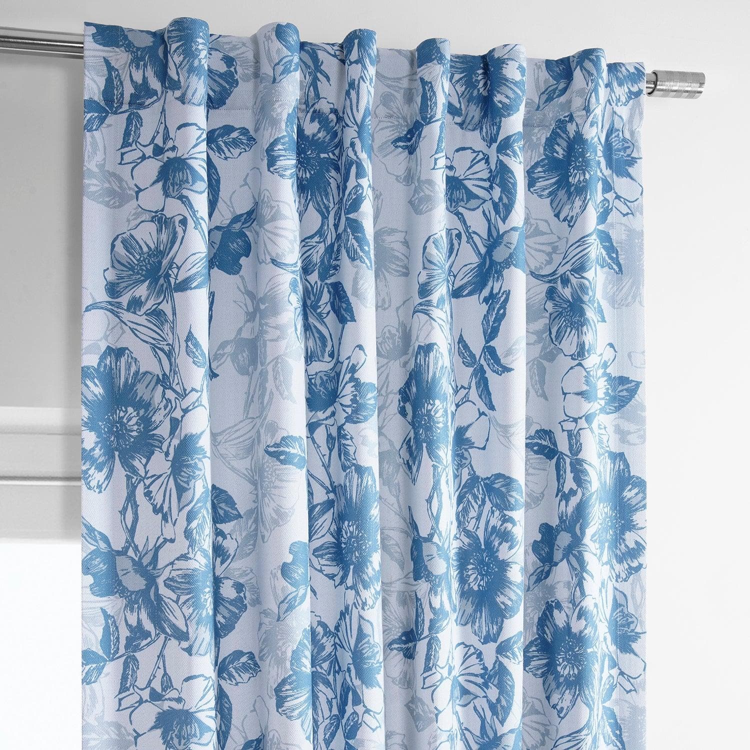 Blue Poppy Floral Printed Faux Linen Blackout Curtains for Bedroom & Living Room - Light Blocking Window Drapes for Home Decor