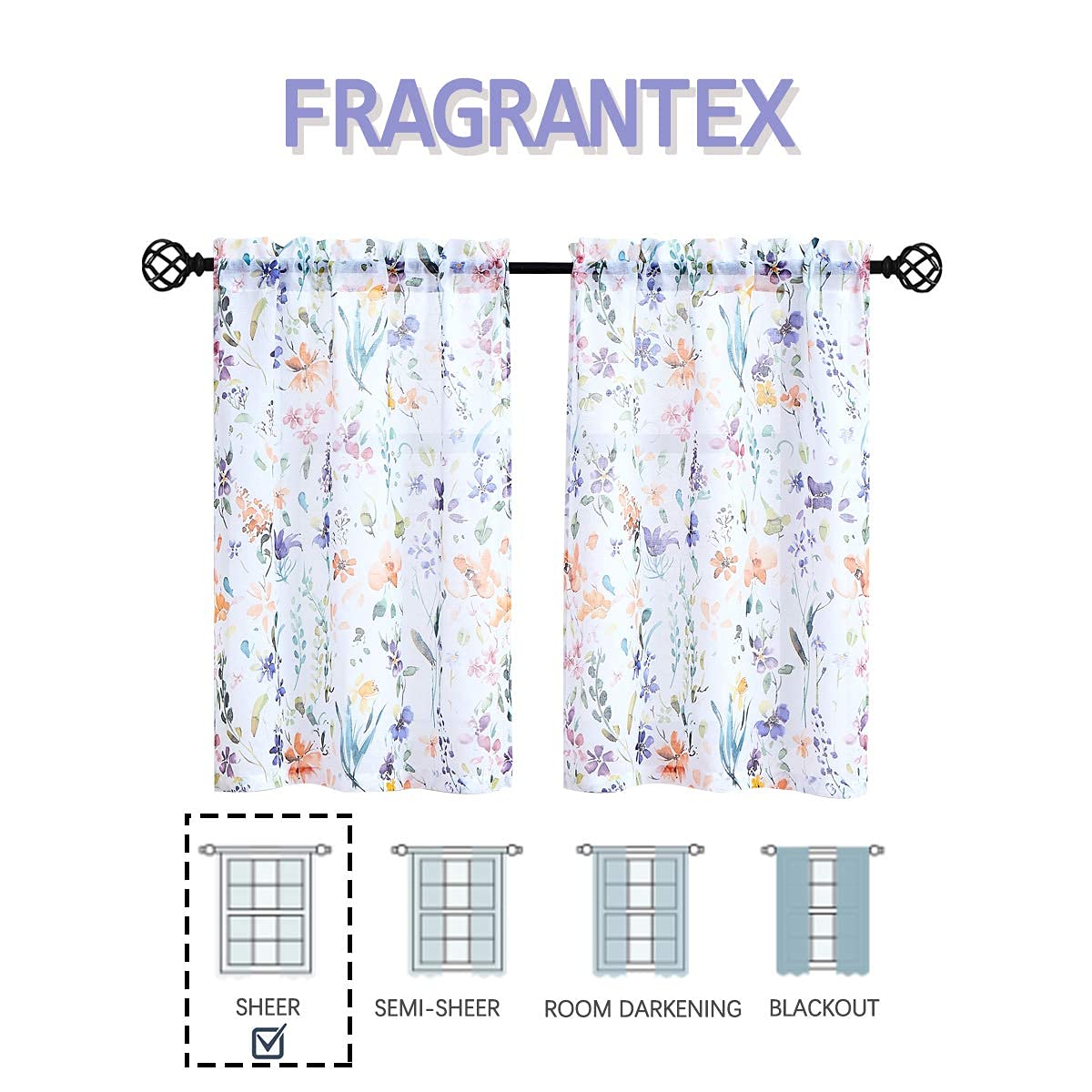 Fragrantex Purple Floral Print Kitchen Curtains - 2 Panels, 28