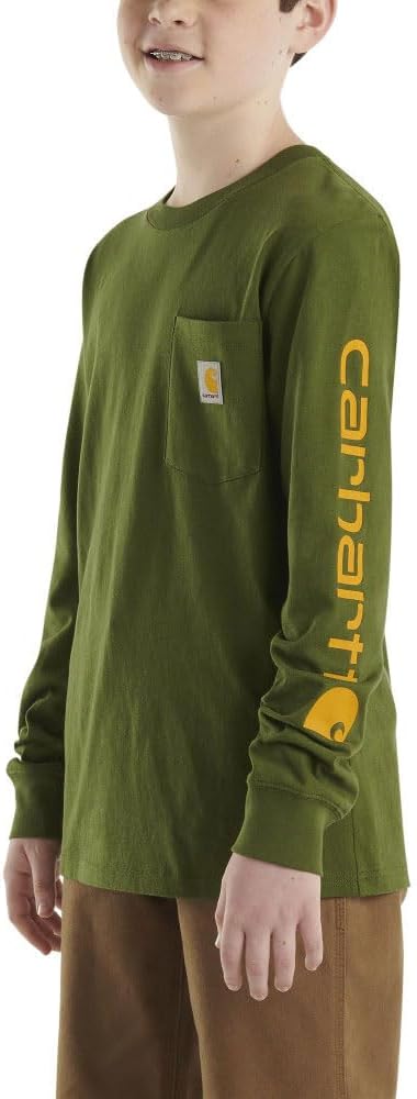 Carhartt Kids Long Sleeve Pocket T-Shirt for Boys & Girls - Durable Cotton Olive Green Tee for School, Play & Outdoor Activities