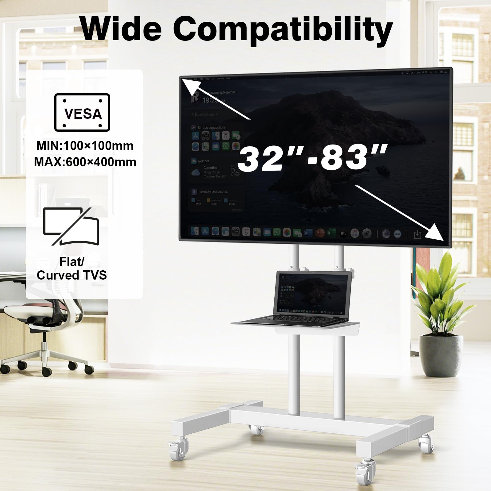 Adjustable Mobile TV Stand with Lockable Wheels for 32-83 Inch Flat/Curved Screens - Rolling TV Cart with Heavy Duty Shelf (110 lbs Capacity) - Perfect for Living Room, Bedroom or Office - White