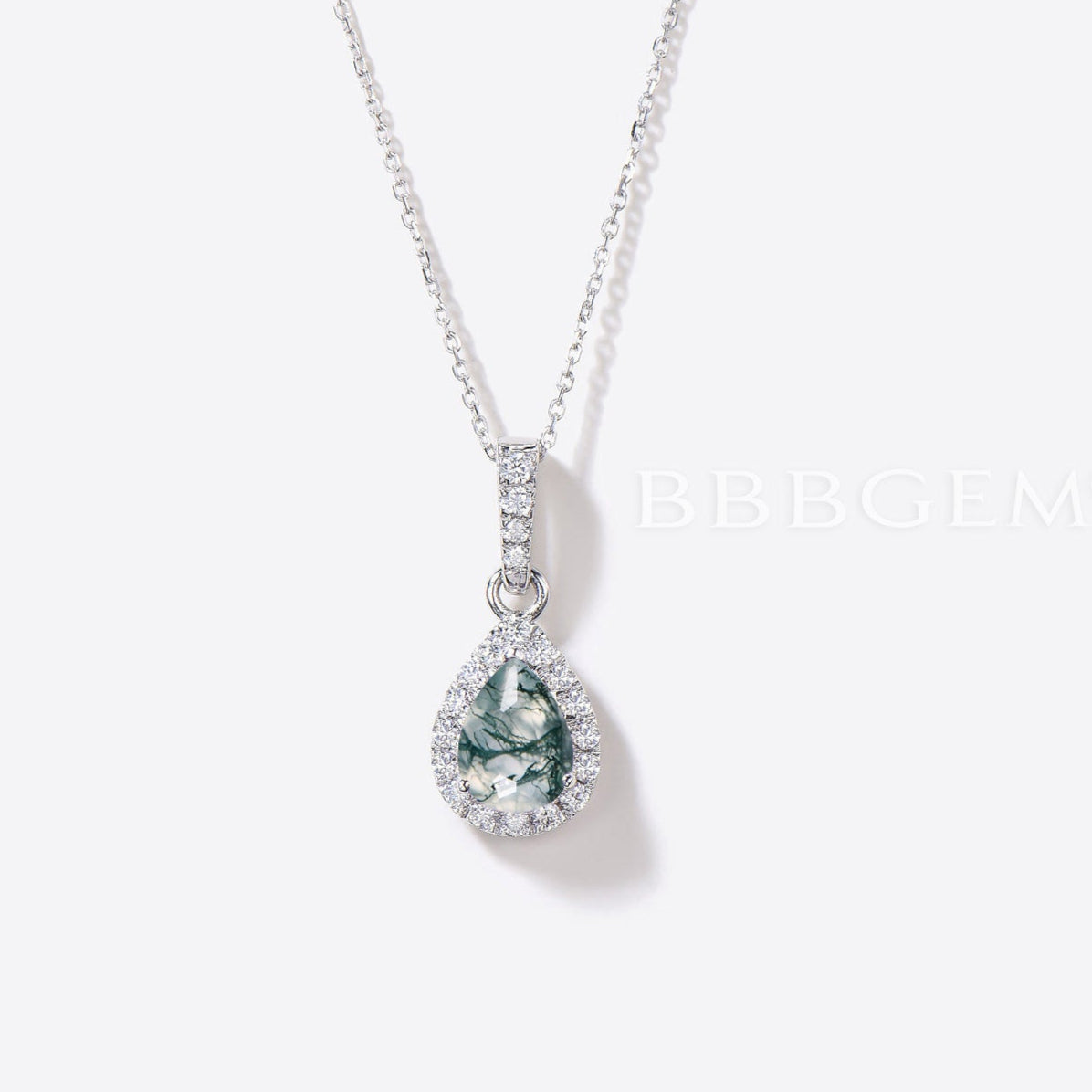 Elegant Teardrop Green Moss Agate Pendant Necklace with Diamond Halo - Perfect for Weddings, Anniversaries & Special Occasions