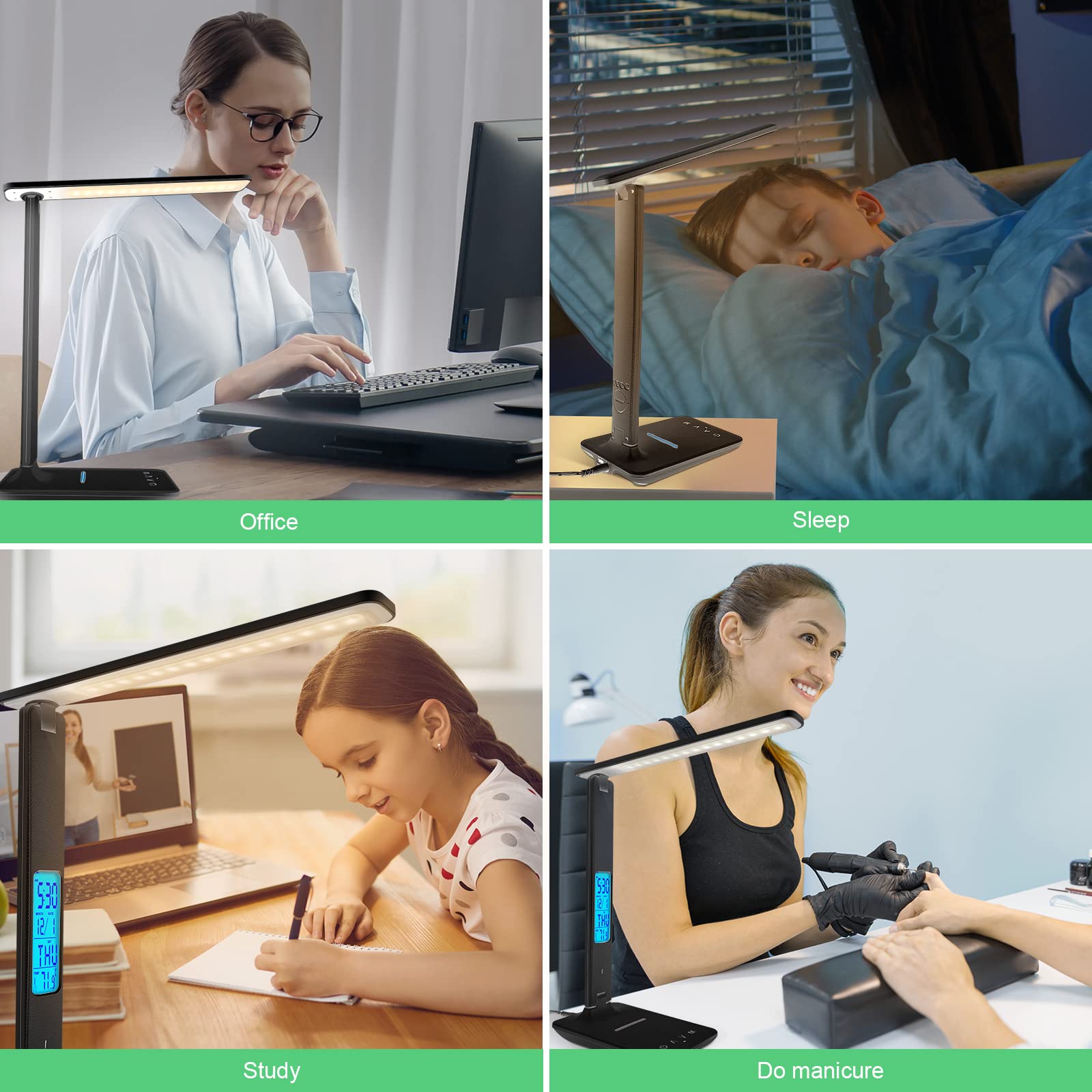 Wireless Charging Desk Lamp with USB Port, Dimmable LED Office Light with Clock, Alarm, Date & Temperature Display - Foldable Table Lamp for Bedroom, Bedside, Study & Office Workspace (Black) | Perfect for Night Reading, Working & Phone Charging