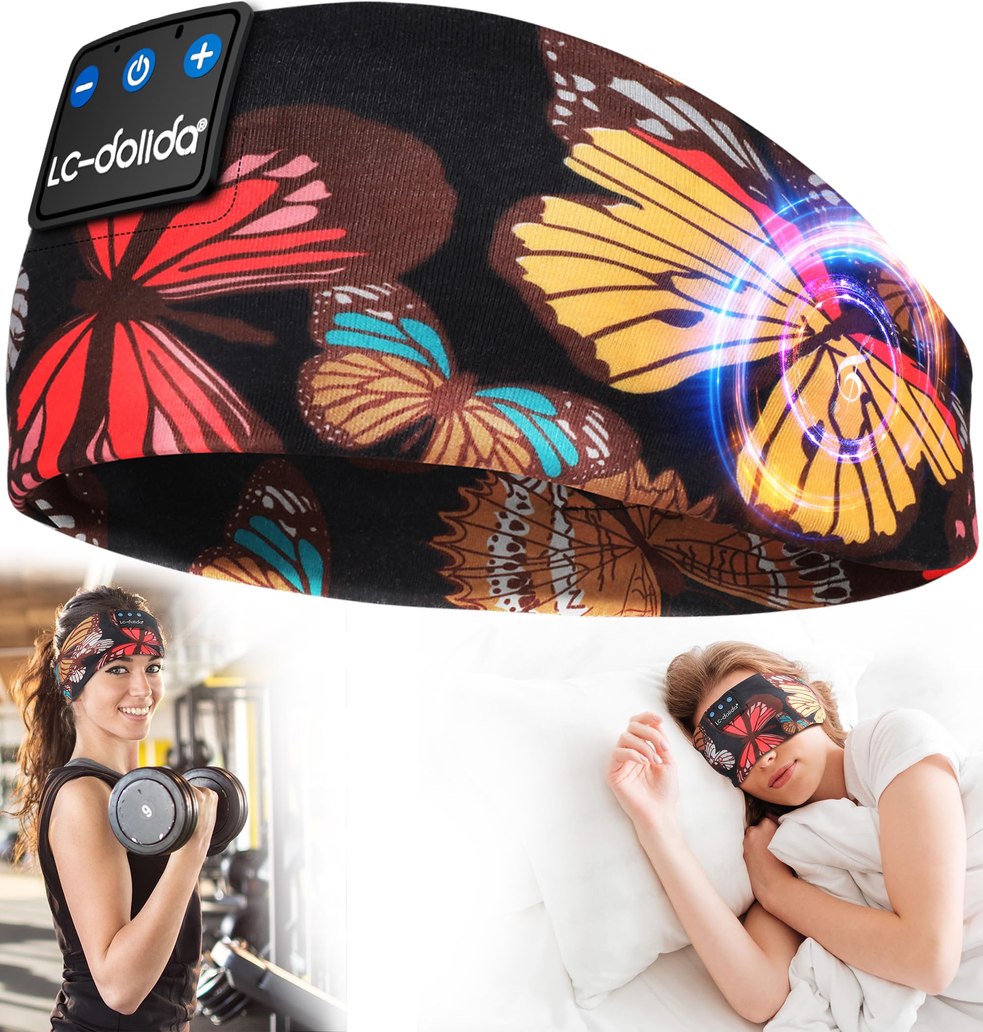 **LC-dolida Bluetooth 5.4 Sleep Headphones Headband – Wireless Sports Headband with Built-in Speaker & Mic, USB-C Charging – Perfect for Sleeping, Workout, Jogging, Yoga, Travel, Meditation & Insomnia Relief (Butterfly Design)**    *(Use Cases: Ideal for side sleepers, gym workouts, late-night relaxation, noise-free travel, and mindfulness meditation.)*
