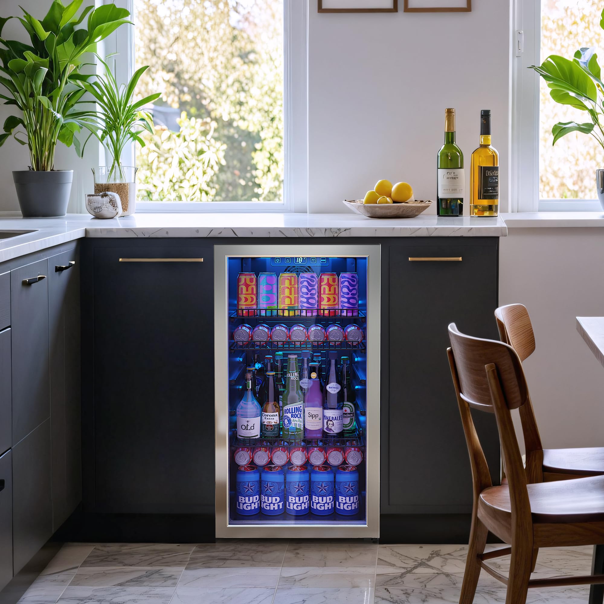 Compact 3.2 Cu.Ft Beverage Refrigerator with Glass Door - Adjustable Shelves & Digital Temperature Control for Wine, Beer, Soda - Perfect for Home Bar, Office, Dorm or Kitchen (Silver)
