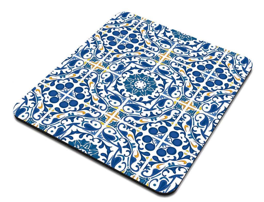 Portuguese Tile Print Mouse Pad - Moroccan & Mediterranean Design Office Mouse Mat, Non-Slip Desk Accessory for Work, Gaming & Home Office Use