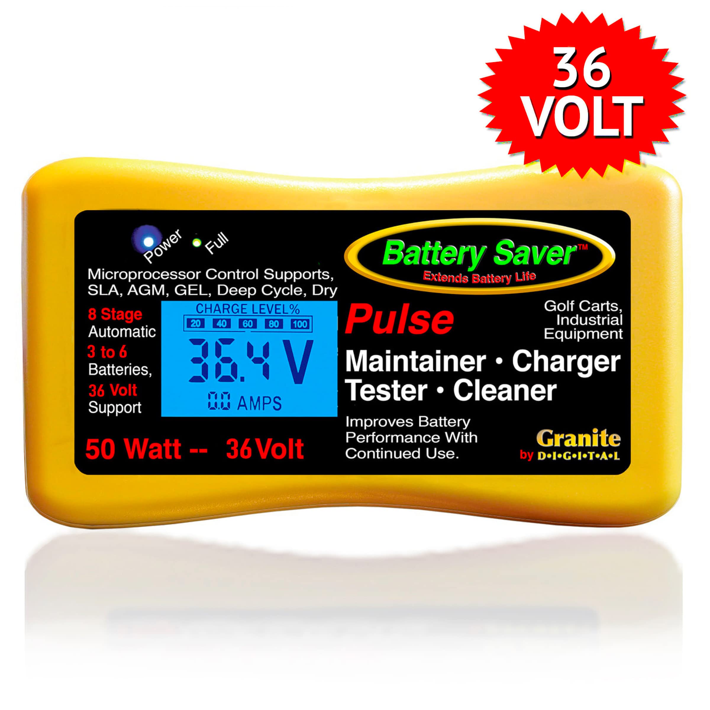 36V 50W Premium Battery Pulse Charger, Maintainer & Tester (Gen 3) - Yellow & Black (2365L-36-G3) | Fast Charging for Motorcycles, ATVs, Boats & RVs | Smart Battery Maintenance & Testing Solution