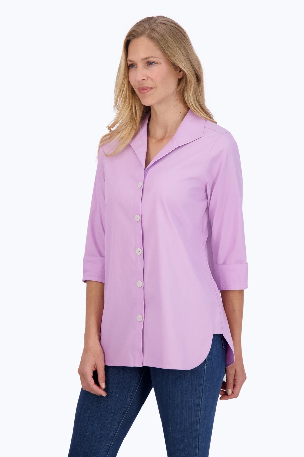 Pandora No Iron Pinpoint 3/4 Sleeve Tunic Shirt - Wrinkle-Free Women's Blouse for Work & Casual Wear | Perfect for Office, Travel & Everyday Outfits