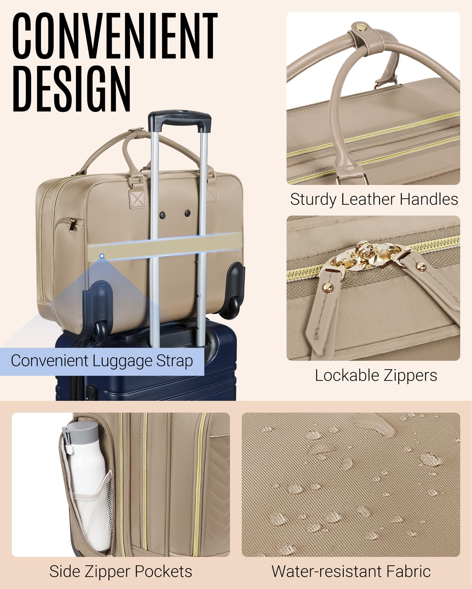 LIGHT FLIGHT 17.3 Inch Rolling Laptop Bag for Women - Wheeled Computer Briefcase with Telescopic Handle, Champagne - Perfect for Business Travel, Work Commute & Overnight Trips