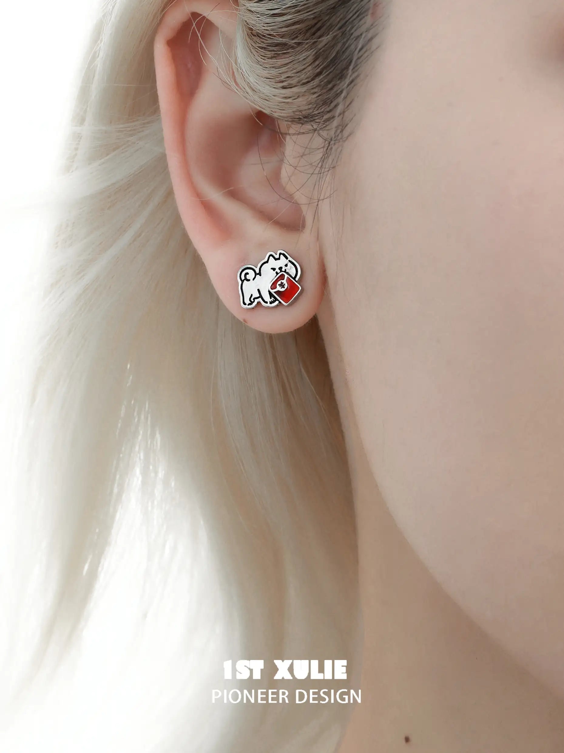 S925 Sterling Silver Chinese New Year Graffiti Puppy Stud Earrings - Festive Spring Festival Jewelry Gift for Women