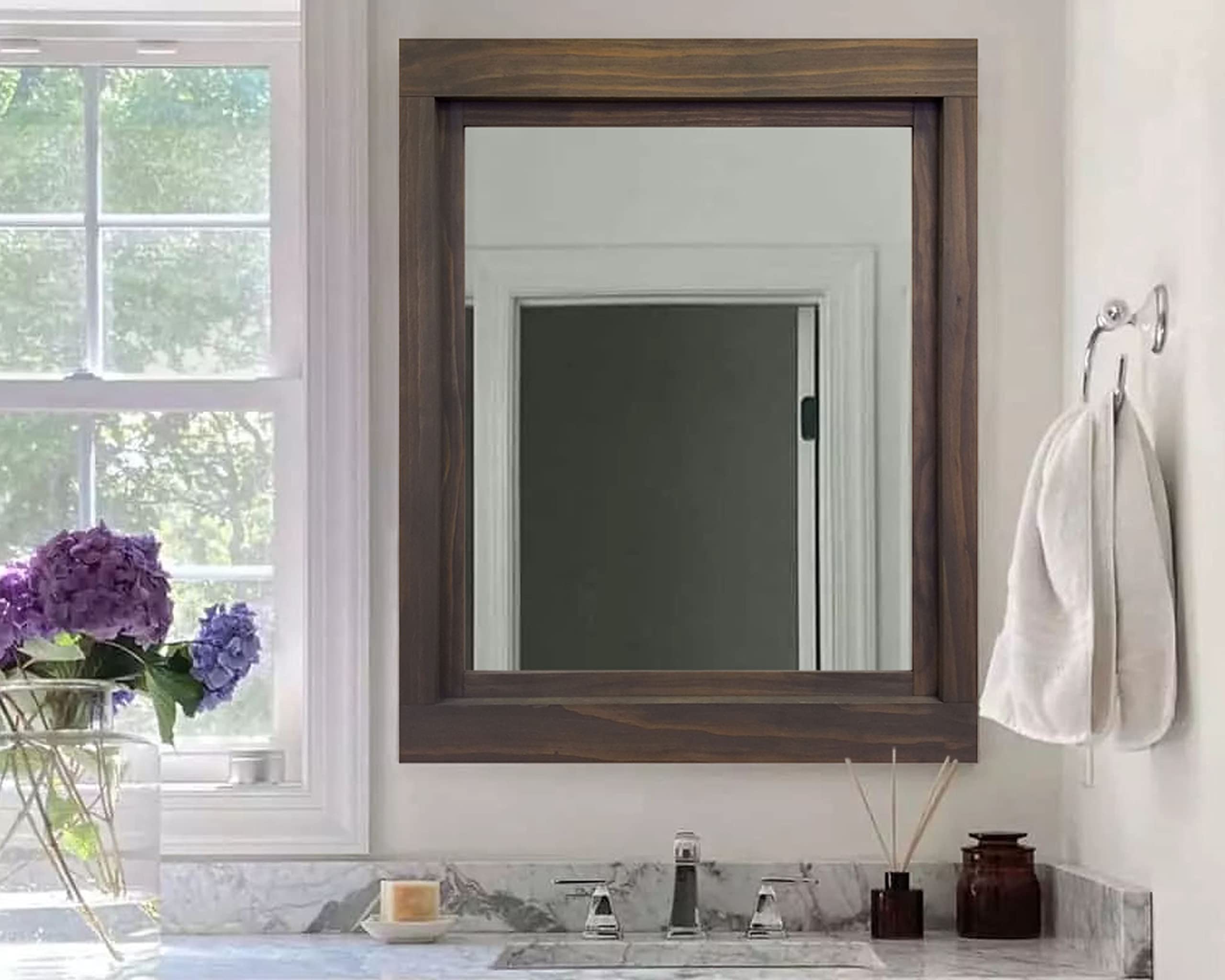 Farmhouse Framed Wall Mirror - Custom Sizes & 20 Stain Colors (Classic Gray) | Rustic Wood Frame Bathroom Mirror for Vanity, Living Room & Bedroom Decor | Large Wall Decor for Farmhouse, Modern & Traditional Homes