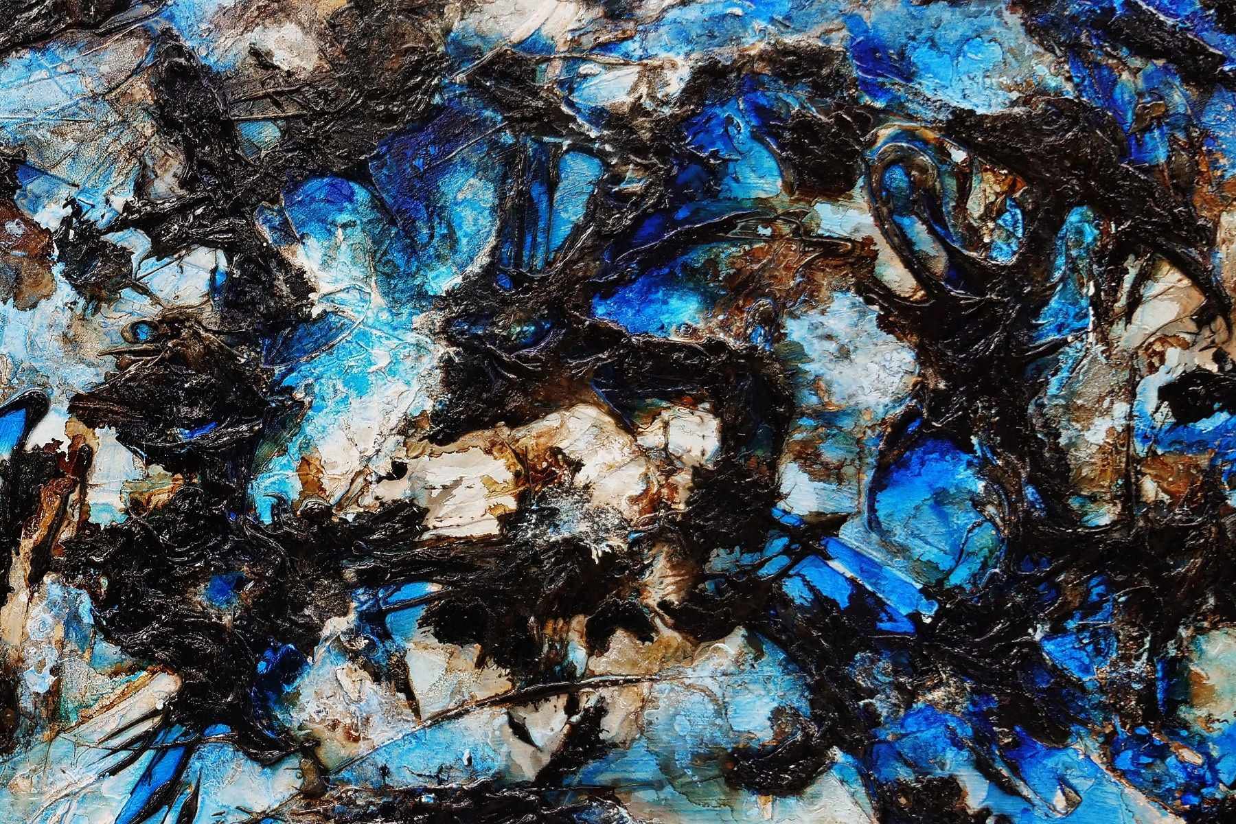 240cm x 100cm Blue Black Textured Abstract Painting - Modern Wall Art for Living Room, Bedroom & Office Decor | Ice Over Licorice Inspired Design