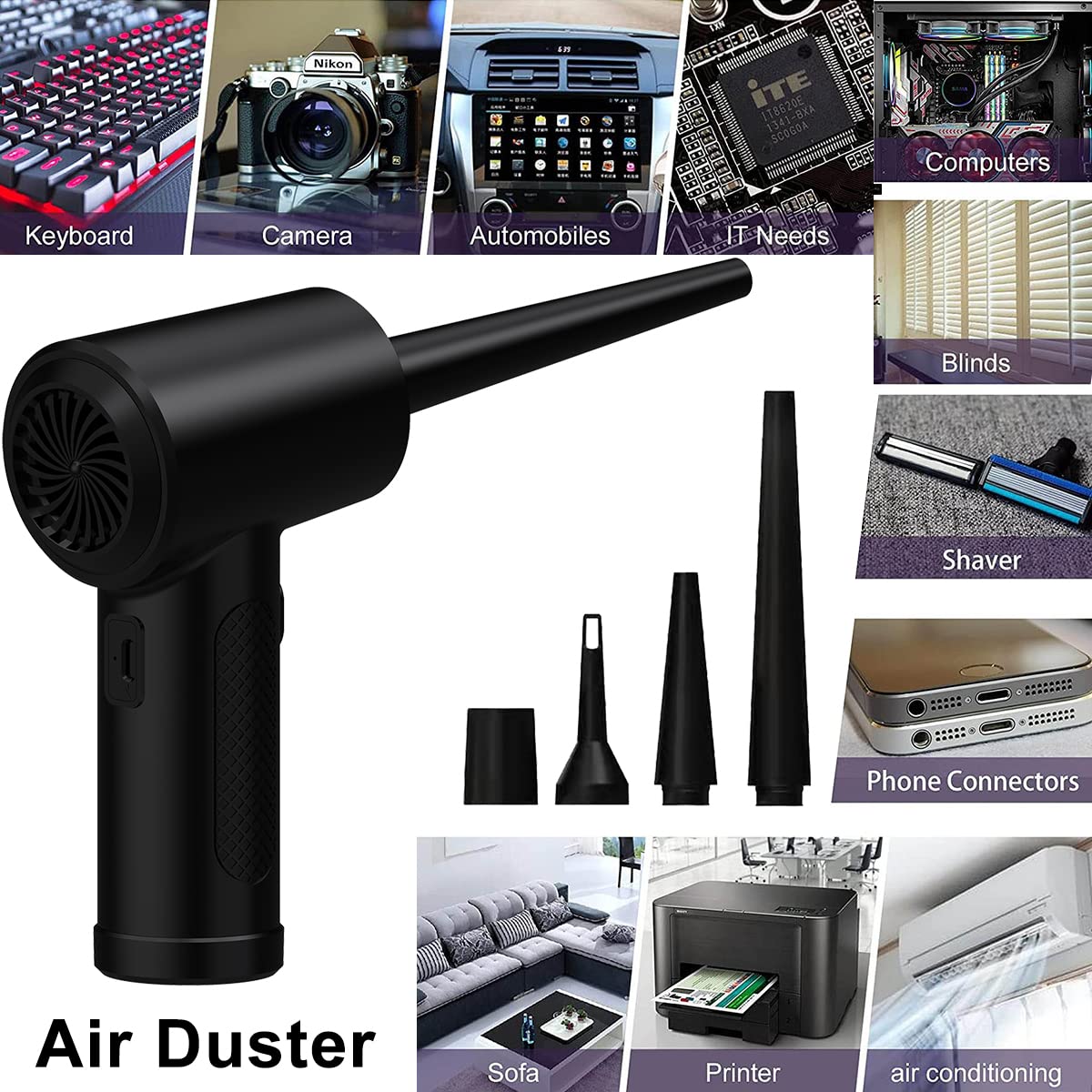 PEH Cordless Compressed Air Duster with LED Light - 51000 RPM Powerful Electric Air Blower, 6000mAh Rechargeable Battery, 5 Replacement Nozzles - Perfect for Cleaning Computers, Keyboards, Pet Hair, Car Interiors & Electronics Maintenance