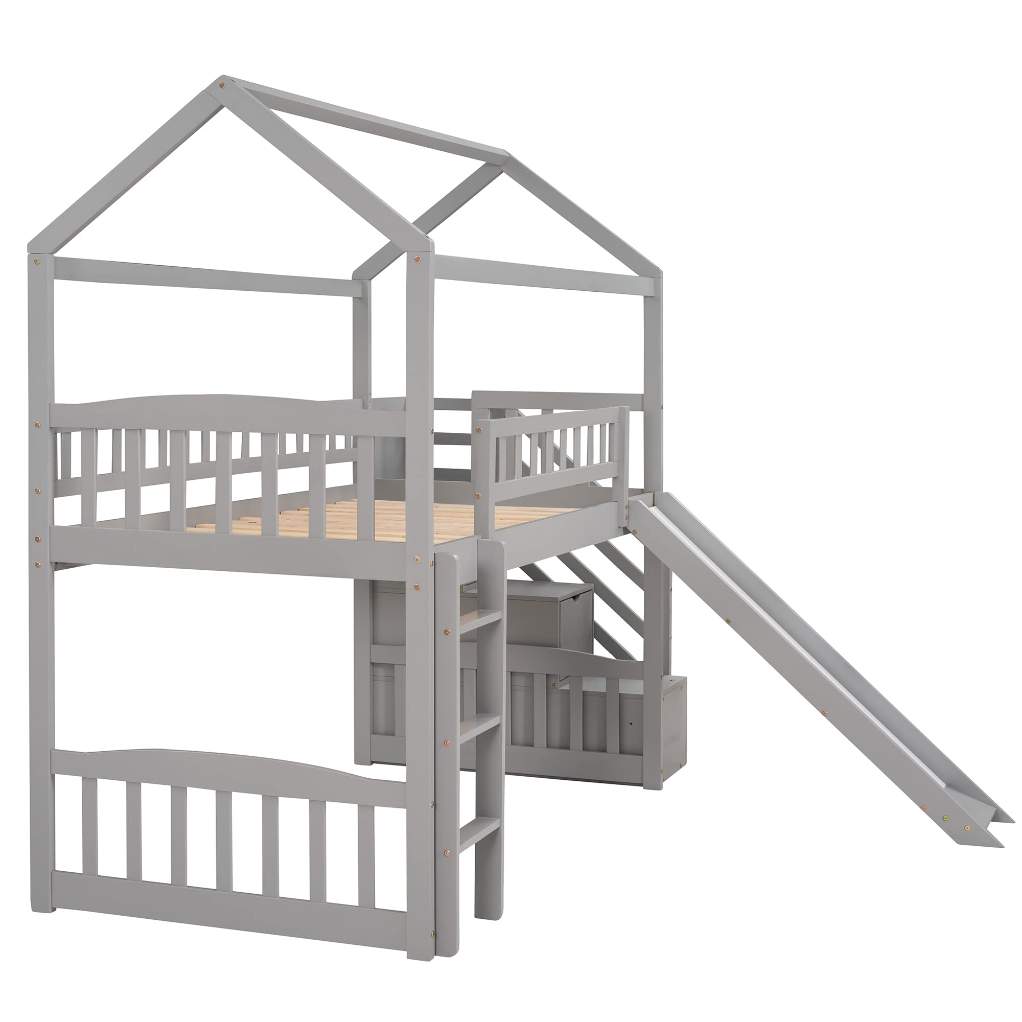 **Wooden Loft Bed with Stairway & Storage Drawers - Twin Size Kids Playhouse Loft Bed with Slide (Grey) - Perfect for Small Bedrooms, Playrooms & Kids' Sleepovers**