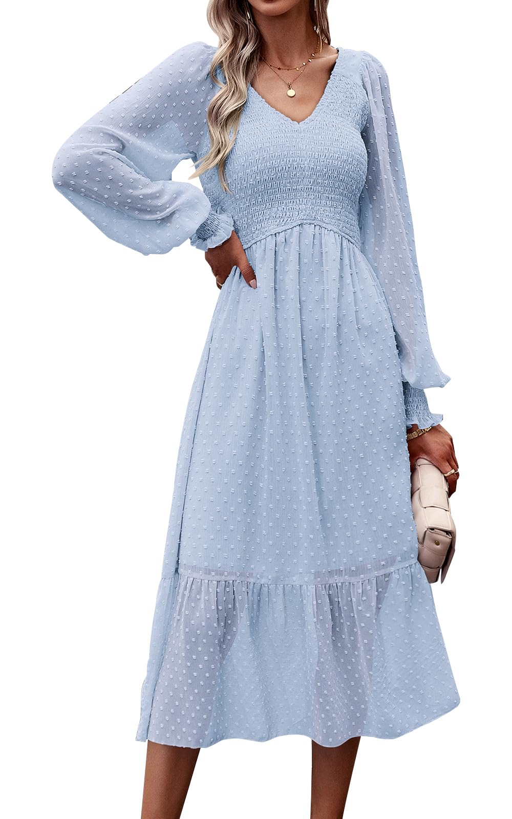 PRETTYGARDEN Women's Spring Dresses 2025 - Long Sleeve V Neck Swiss Dot Chiffon Midi Dress with Empire Waist & Ruffle Details | Elegant Casual Wear for Office, Party & Special Occasions