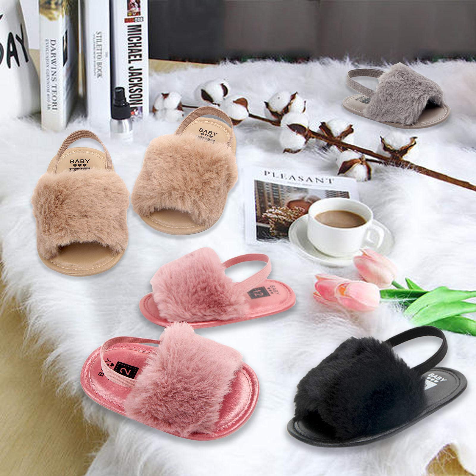 2 Pack Baby Girls Sandals - Soft Elastic Back Strap Flats with Faux Fur - First Walker Slippers for Toddlers | Indoor House Shoes & Princess Style Footwear for Playtime & Special Occasions