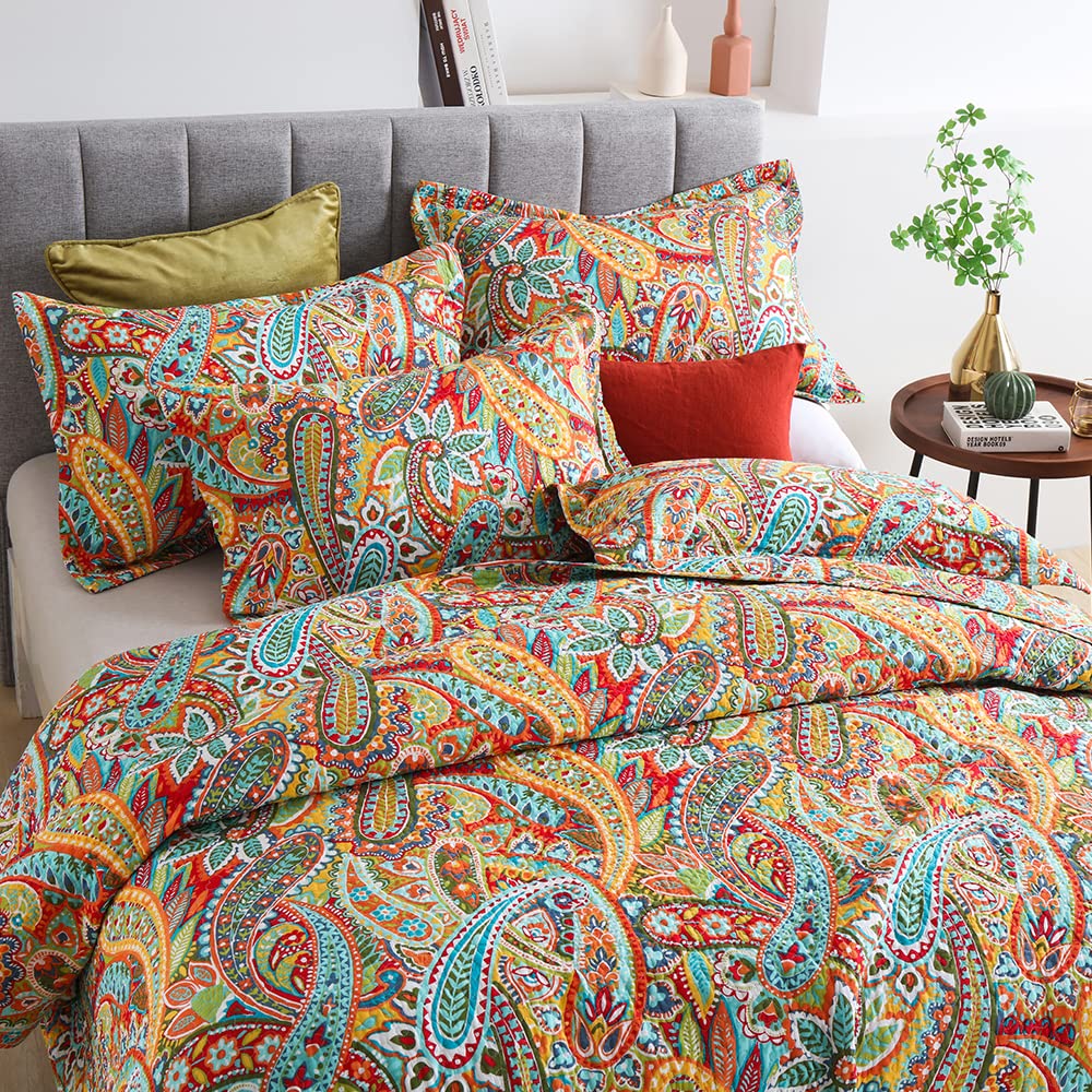 Autumn Dream Cotton Bedspread Quilt Set - 3 Piece Reversible Comforter Coverlet Set with Gorgeous Yellow Paisley Design, King Size - Perfect for Fall Bedroom Decor & Cozy Seasonal Home Styling