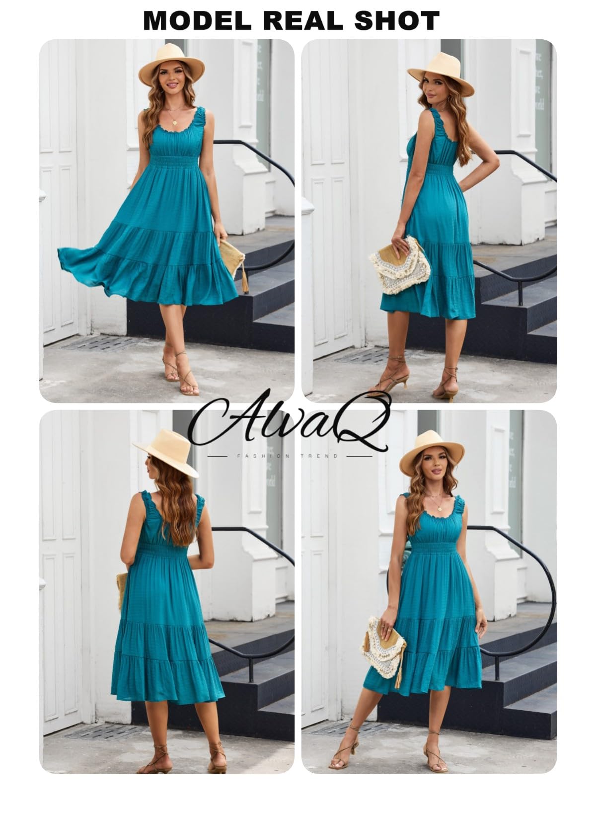 AlvaQ Women's Summer Sleeveless Smocked Midi Dress - High Waist A-Line Sundress with Pockets for Beach, Vacation & Casual Outings