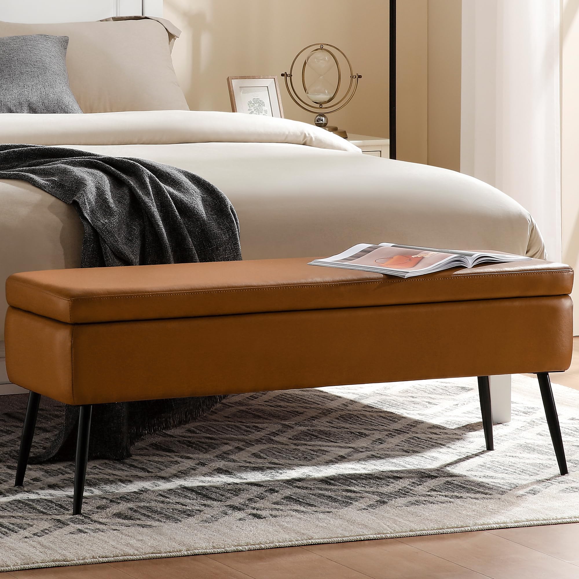 Mid-Century Modern Faux Leather Storage Ottoman Bench with Steel Legs & Safety Hinges - 660 lb Capacity - Brown Tufted Footrest for Living Room, Bedroom, Entryway - Perfect for Extra Seating & Hidden Storage